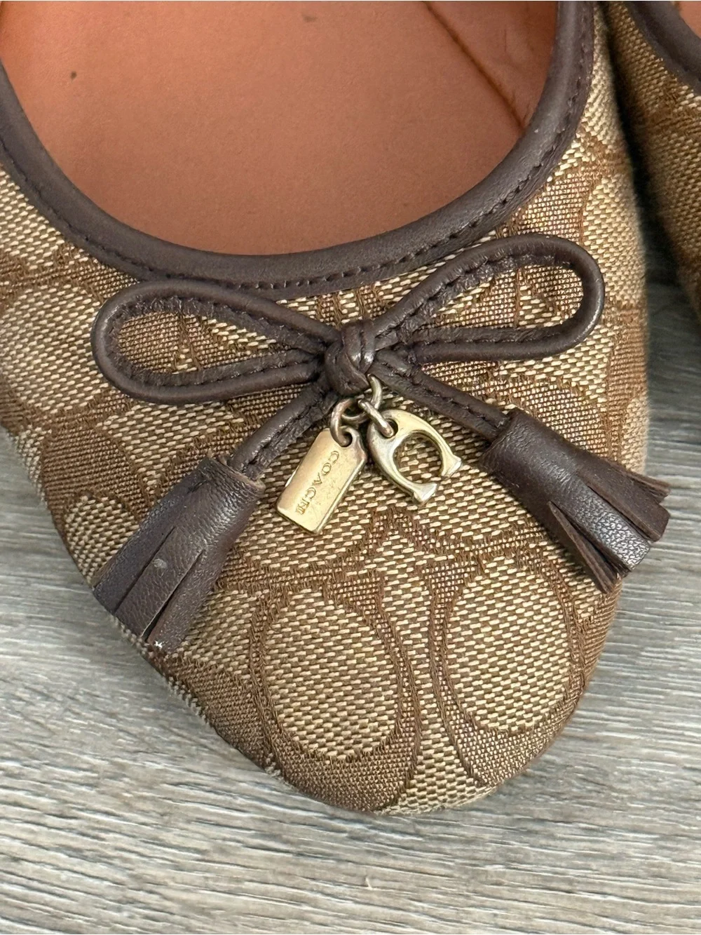COACH Brown Signature Canvas Tassel Ballet Flats
